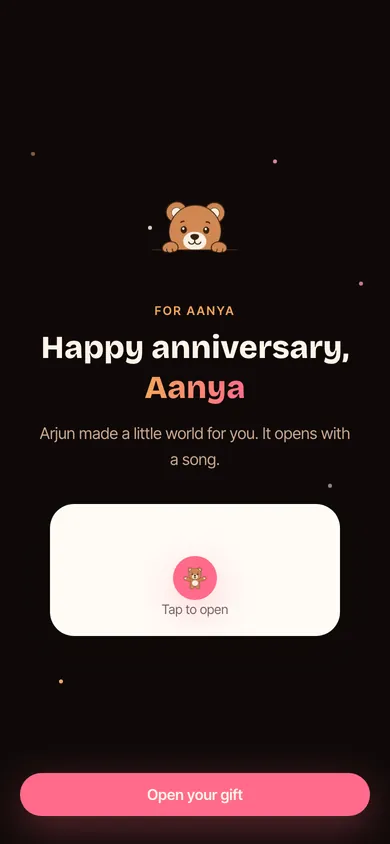 The opening card, addressed by name, waiting to be tapped open.