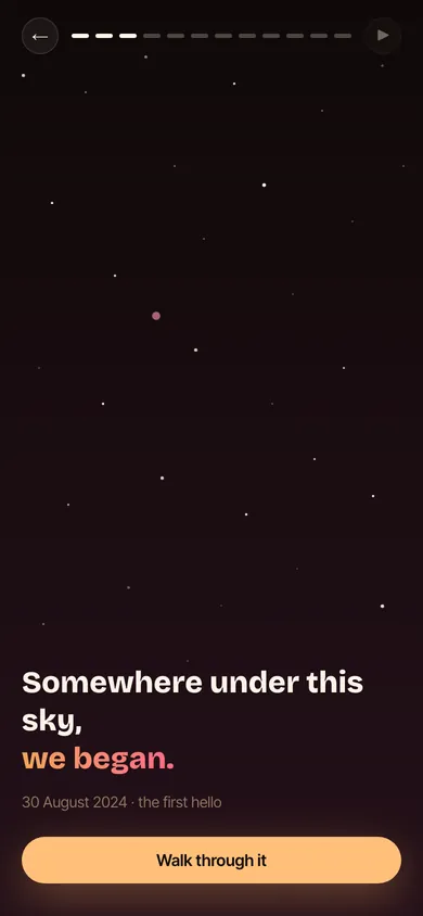 A star field, with the line "Somewhere under this sky, we began."