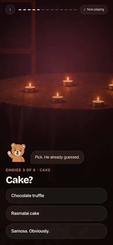 A candlelit table, with three cake options to choose between.
